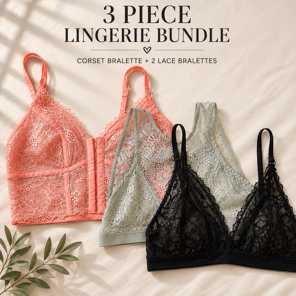 3-Piece Lace Bralette Bundle - Coral, Sage & Black